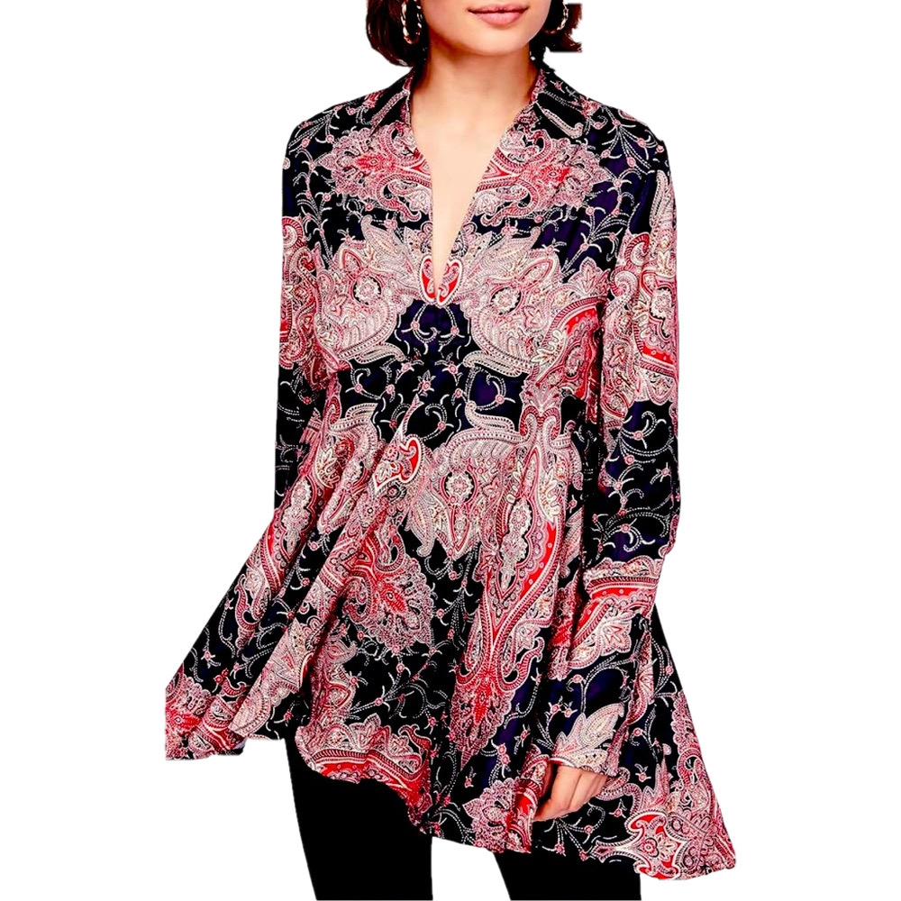 Free People Tunic Dress Field of Butterflies Black V Neck Size Small